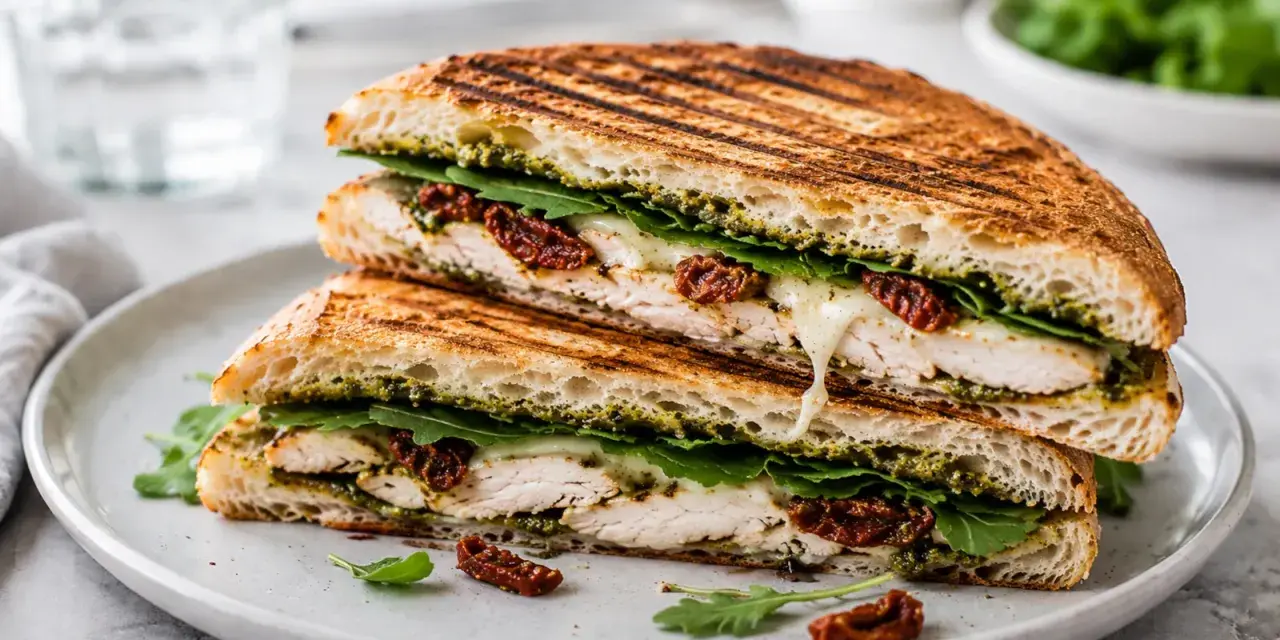 Pyszne panini z kurczakiem, rukolą, suszonymi pomidorami i pesto. Idealny przepis na szybki obiad.