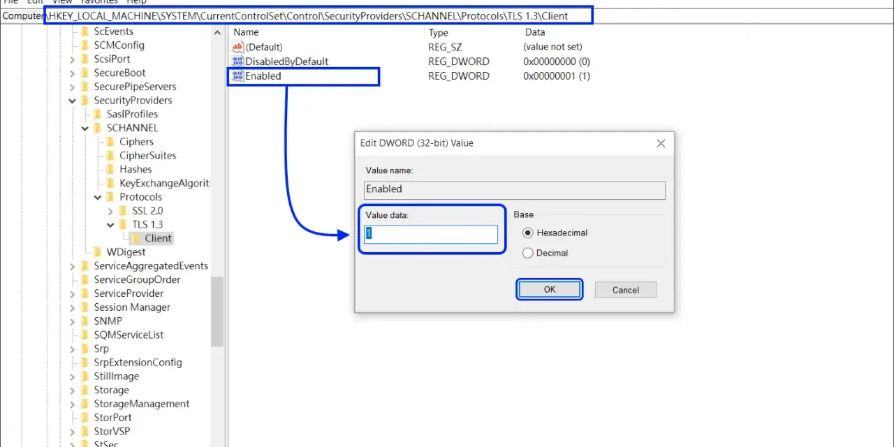 Registry Editor shows how to disable TLS 1.3 by changing the "Enabled" value data to 0.