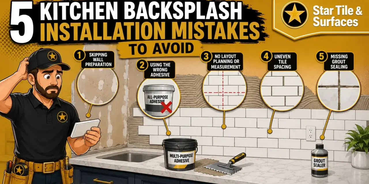 Learn how to install a backsplash in the kitchen by avoiding 5 common mistakes: poor prep, wrong adhesive, no planning, uneven spacing, and missing grout sealing.