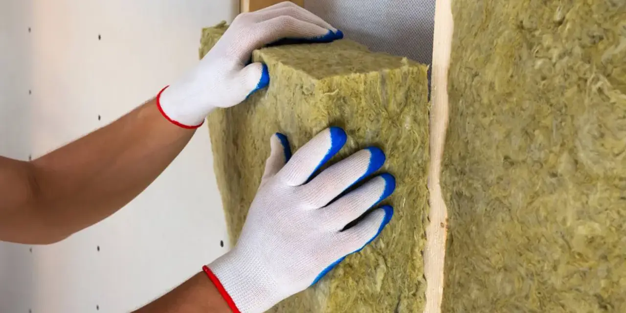 Mani guantate posizionano un pannello di lana di roccia, un materiale da **cemento isolante termico**, all'interno di una struttura in legno.
