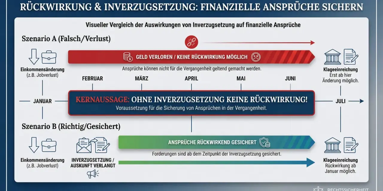 Szenario A: Ohne Inverzugsetzung keine Rückwirkung, Geld verloren. Szenario B: Ansprüche rückwirkend gesichert, Rückwirkung ab Januar möglich.