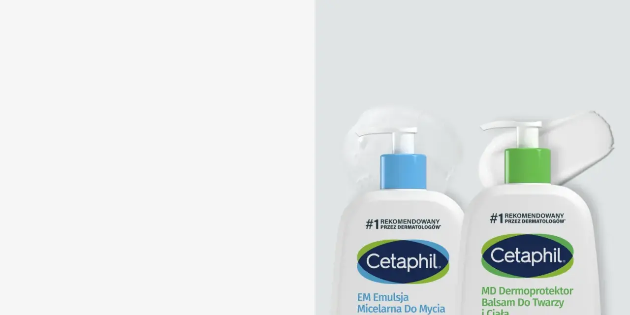 Dwa produkty Cetaphil: emulsja micelarna i balsam do twarzy i ciała, rekomendowane przez dermatologów.