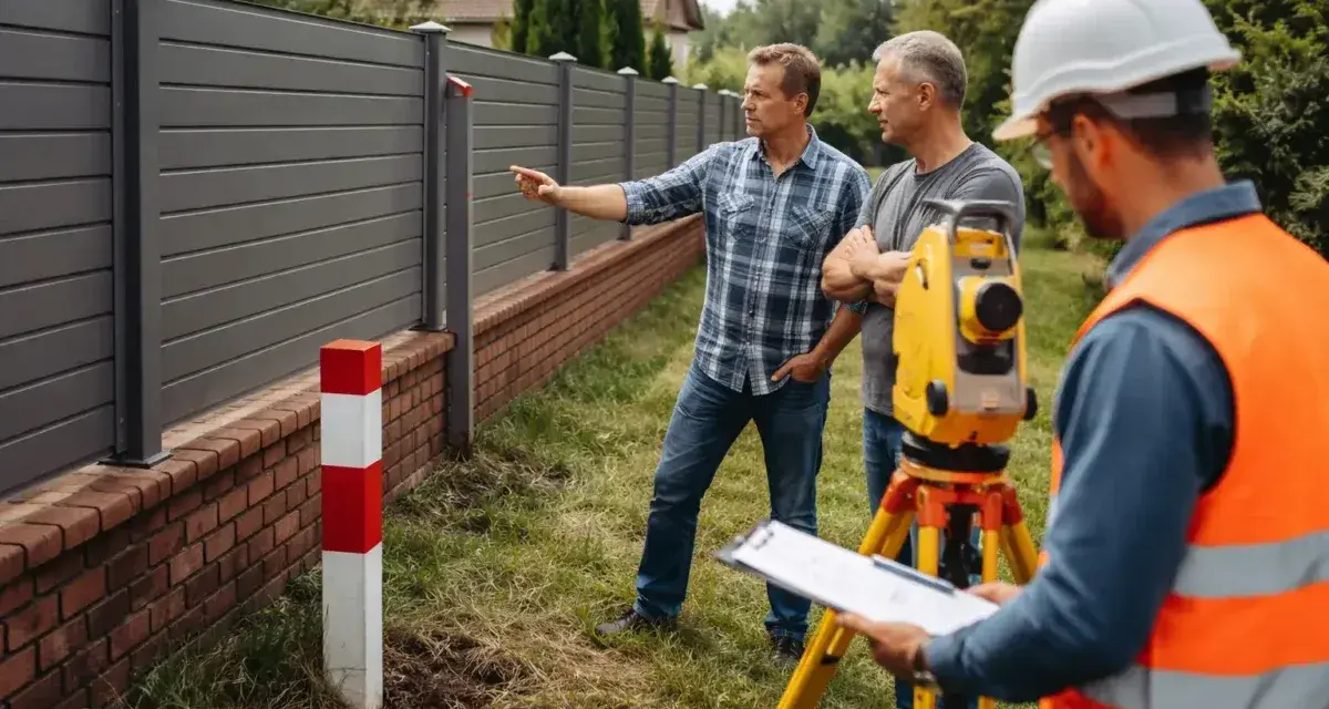 Geodeta mierzy teren, gdzie sąsiad postawił płot na mojej działce.