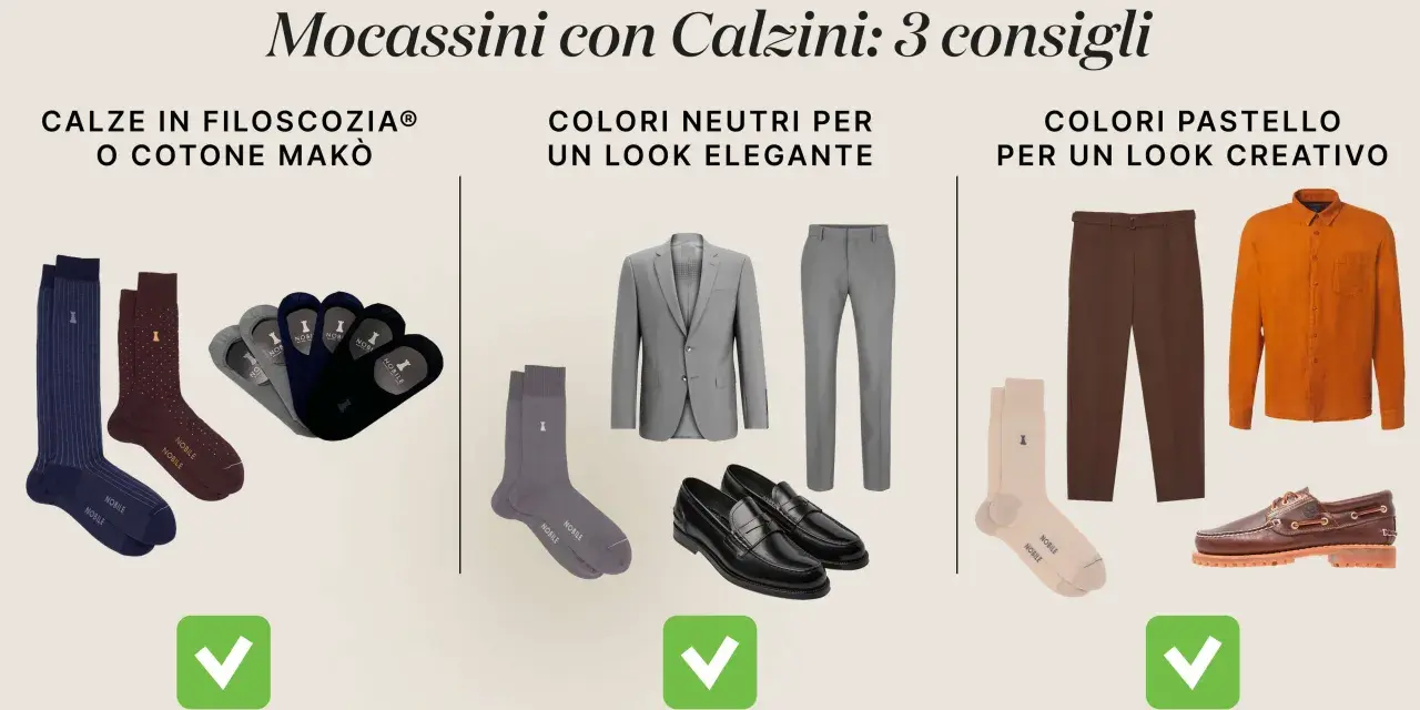 Consigli per abbinare mocassini con calze: filati pregiati, colori neutri per eleganza, pastello per creatività.
