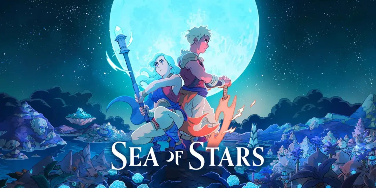 Dos héroes, un bastón y una espada llameante, bajo una luna gigante. ¡Una guía para Sea of Stars!
