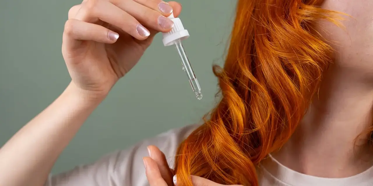 Dłoń z pipetką z olejkiem aplikuje pielęgnację na rude, falowane włosy. Dowiedz się, jak często olejować włosy dla najlepszych efektów.