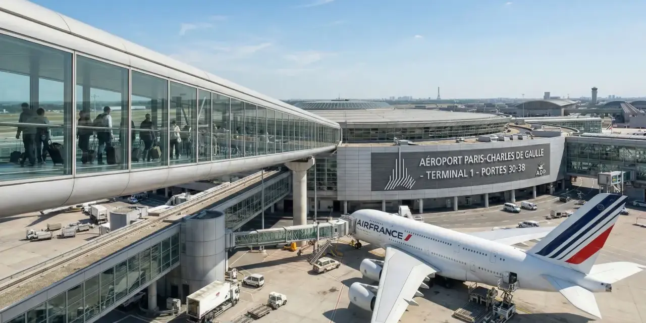 Avión de Air France en el aeropuerto Charles de Gaulle, Terminal 1. Pasajeros en la pasarela de cristal.