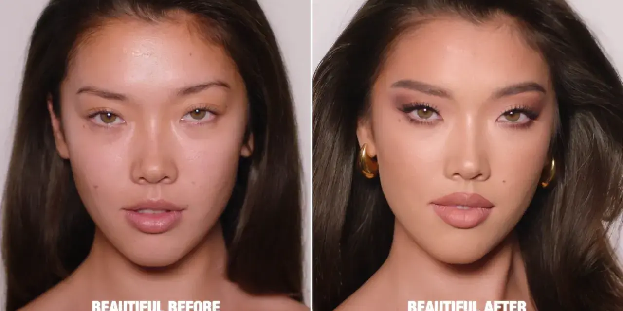 Vorher/Nachher-Vergleich: Natürliches Gesicht verwandelt sich in ein glamouröses 90er Make-up mit Smokey Eyes und matten Lippen.