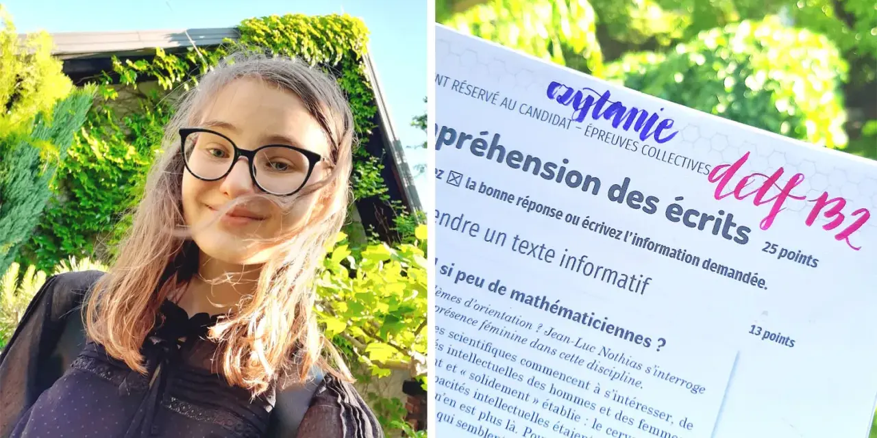 Uśmiechnięta dziewczyna w okularach na tle zieleni, obok fragment testu z napisem "delf B2".