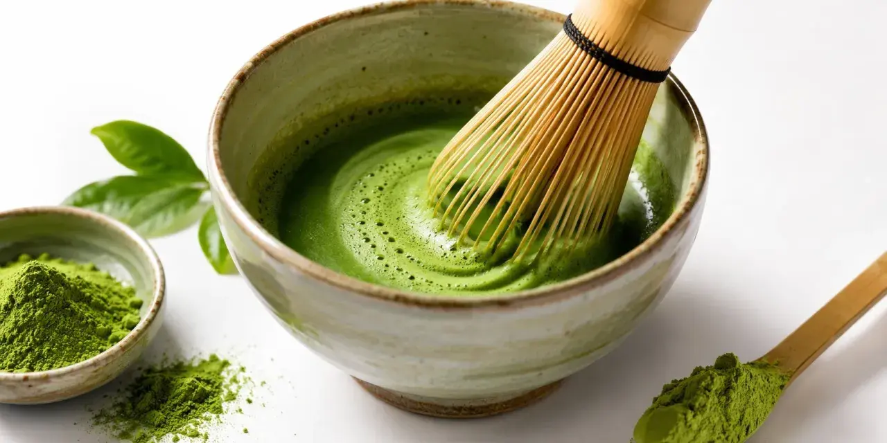 Przygotowanie idealnego matcha: zielony proszek, bambusowa miotełka i spieniony napój w miseczce.