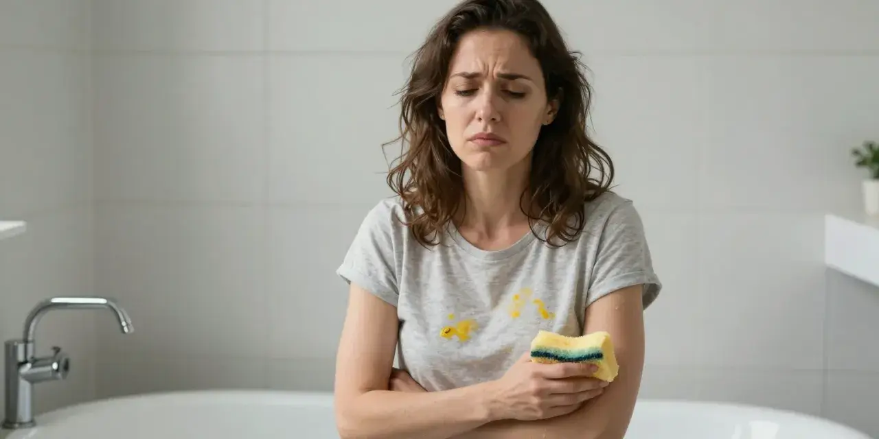 Femme dépitée tenant une éponge, son t-shirt taché de jaune, près d'une baignoire. La **trace jaune baignoire** semble tenace.