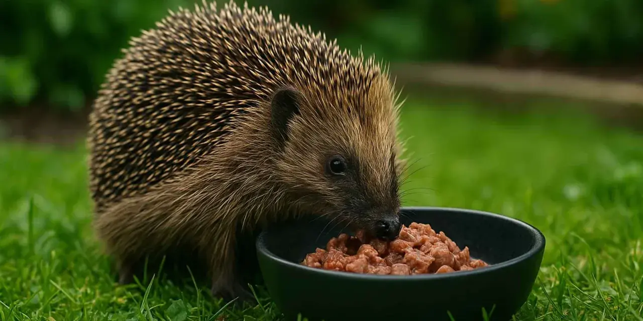 Jeż w ogrodzie zajada mokrą karmę z miseczki. Dowiedz się, czym karmić jeża w ogrodzie, by mu pomóc.