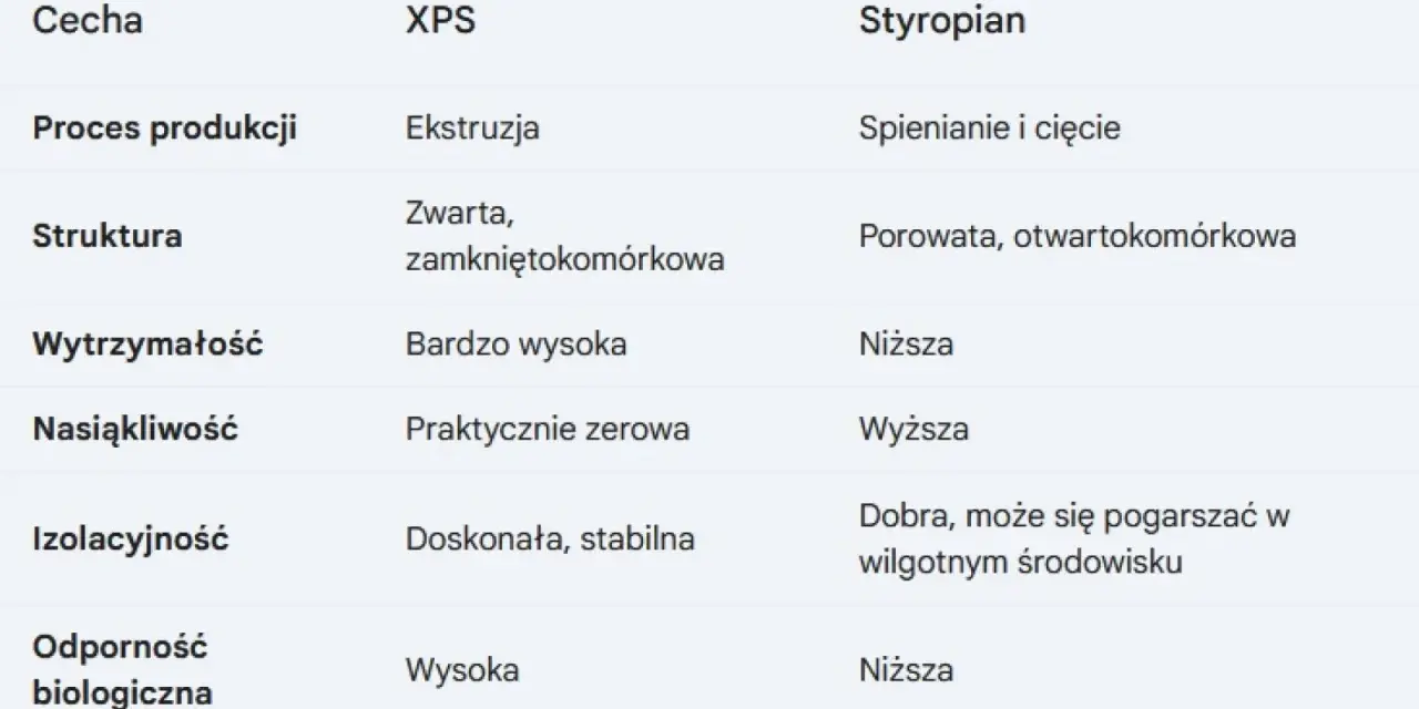Tabela porównująca rodzaje styropianu: XPS i tradycyjny. Różnice w procesie produkcji, strukturze, wytrzymałości, nasiąkliwości, izolacyjności i odporności biologicznej.