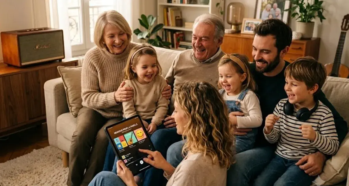 Une famille rit en choisissant un style de musique sur une tablette, créant une ambiance joyeuse.