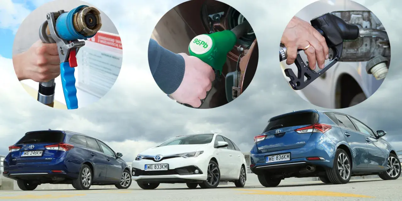 Tankowanie samochodów: pistolety do paliwa, w tym do diesla, i trzy auta Toyota Auris.