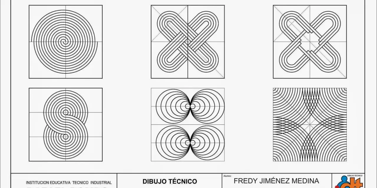 Dibujo técnico que demuestra el manejo de escuadras con diseños geométricos, incluyendo espirales y nudos.