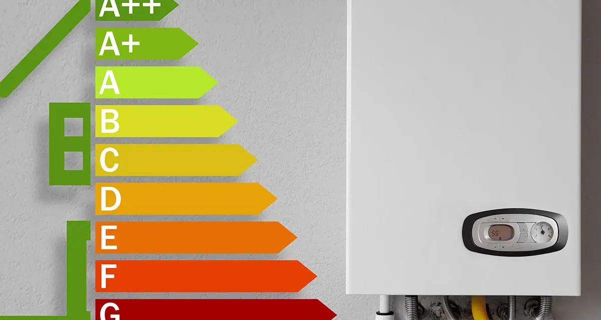 Caldaia a condensazione: come funziona per un'efficienza energetica A++. La scala mostra le classi di efficienza da A++ a G.