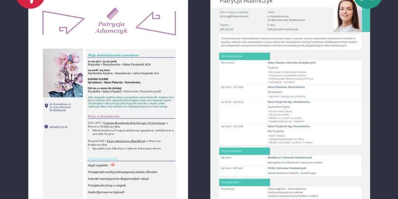CV fryzjera wzór: Patrycja Adamczyk, fryzjerka z doświadczeniem, poszukuje nowych wyzwań w branży.