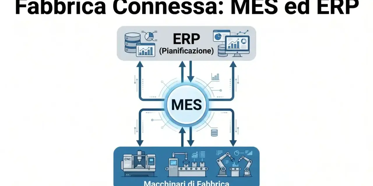Schema che illustra la differenza tra pianificazione (ERP) e programmazione (MES) in una fabbrica connessa, con macchinari collegati.