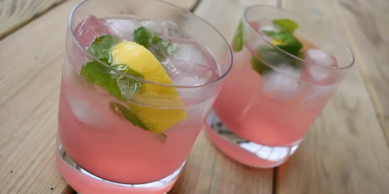 Två glas med rosa rabarberdrink, is, citron och mynta på träbord.