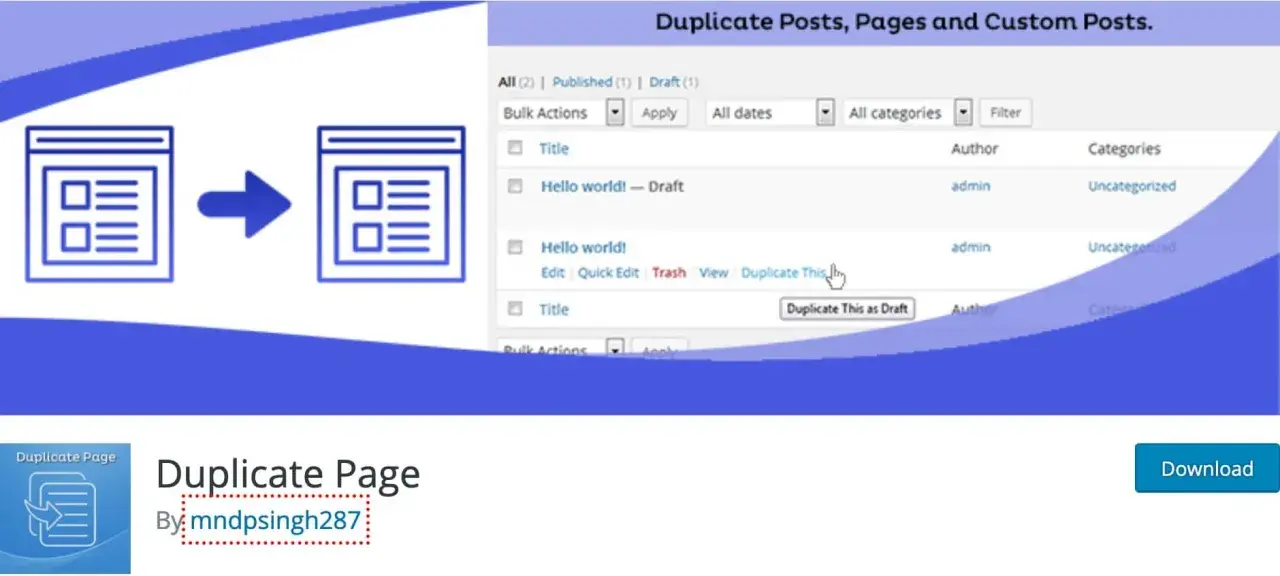 Icône montrant la duplication d'une page WordPress. L'interface affiche l'option "Duplicate This" pour créer une copie.
