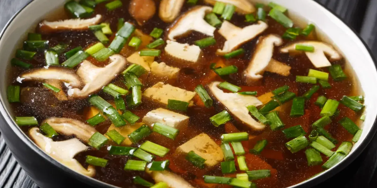 A miska zupy miso z kawałkami tofu, grzybami shiitake i szczypiorkiem.
