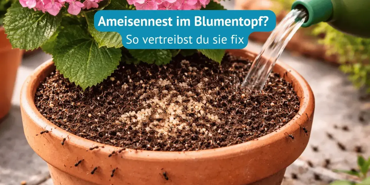 Ameisen im Blumentopf! Viele kleine Ameisen krabbeln auf der Erde und am Rand eines Terrakotta-Topfes. Wasser wird aus einer grünen Gießkanne gegossen.