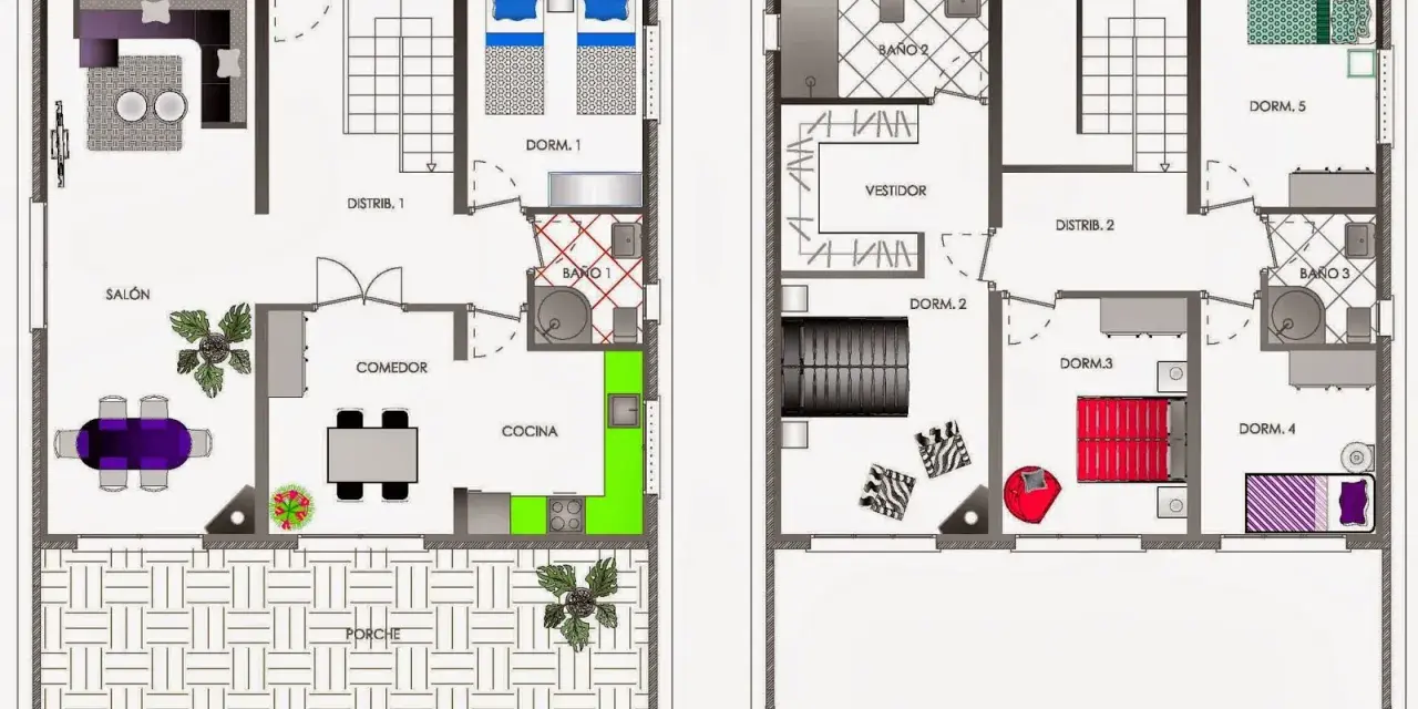 Plano casa feng shui ideal: salón, comedor, cocina, 5 dormitorios, 3 baños, vestidor y porche.