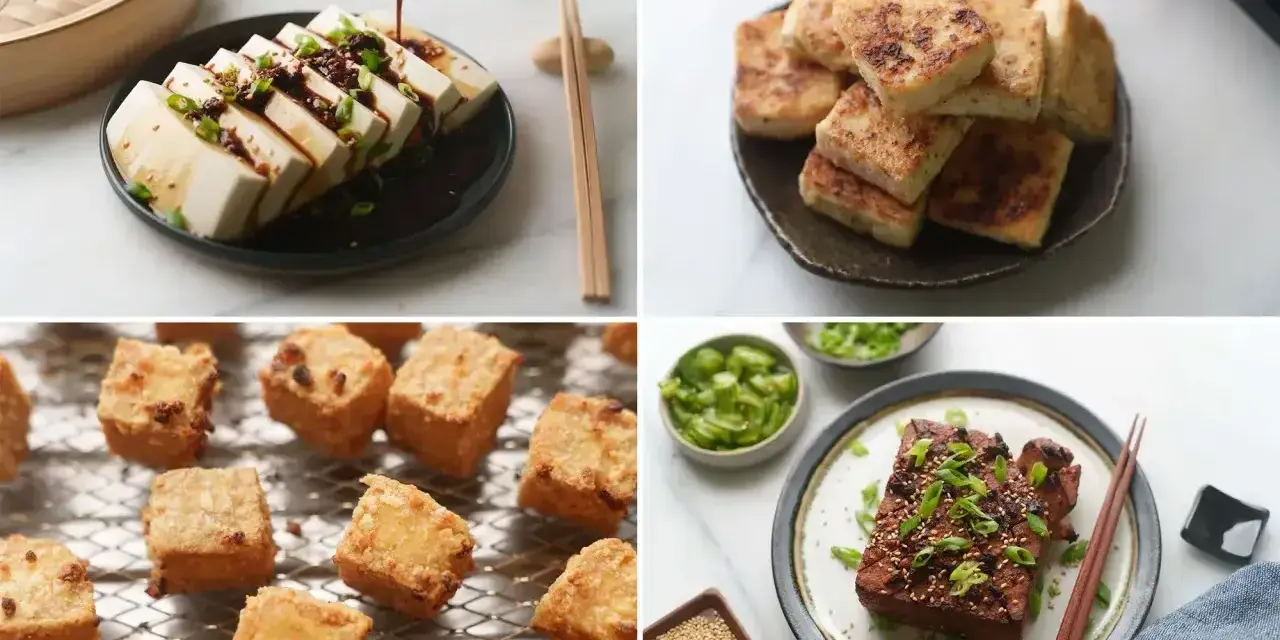 Różne sposoby przygotowania tofu: pokrojone w plastry z sosem, smażone kostki, pieczone kawałki i grillowany blok. Tofu co to? Wszechstronny składnik!