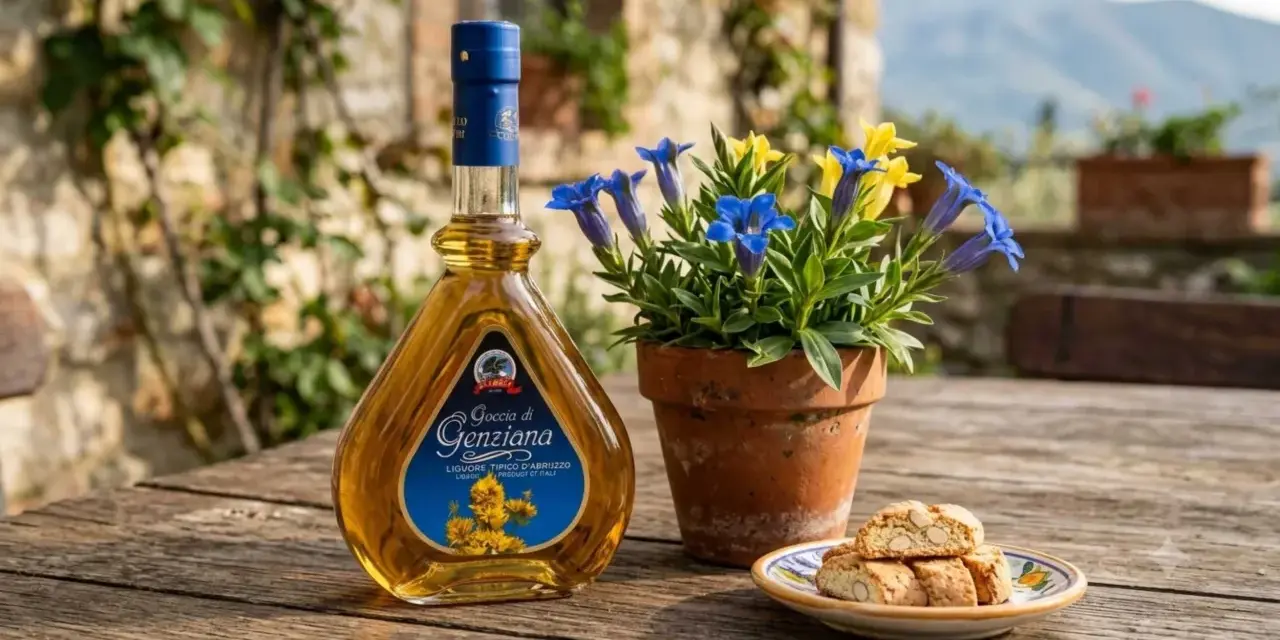 Liquore Genziana Abruzzo, con fiori blu e gialli, biscotti e sfondo di pietra.