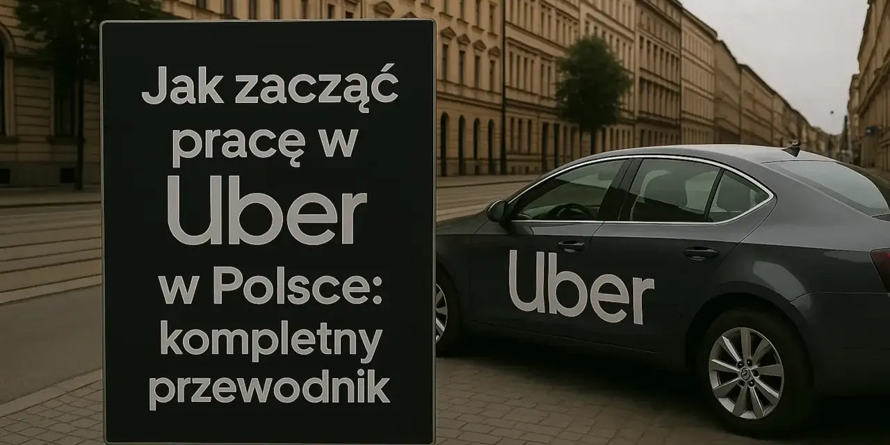 Tablica informuje, jak zacząć pracę w Uber w Polsce. Obok stoi ciemny samochód z logo Uber.