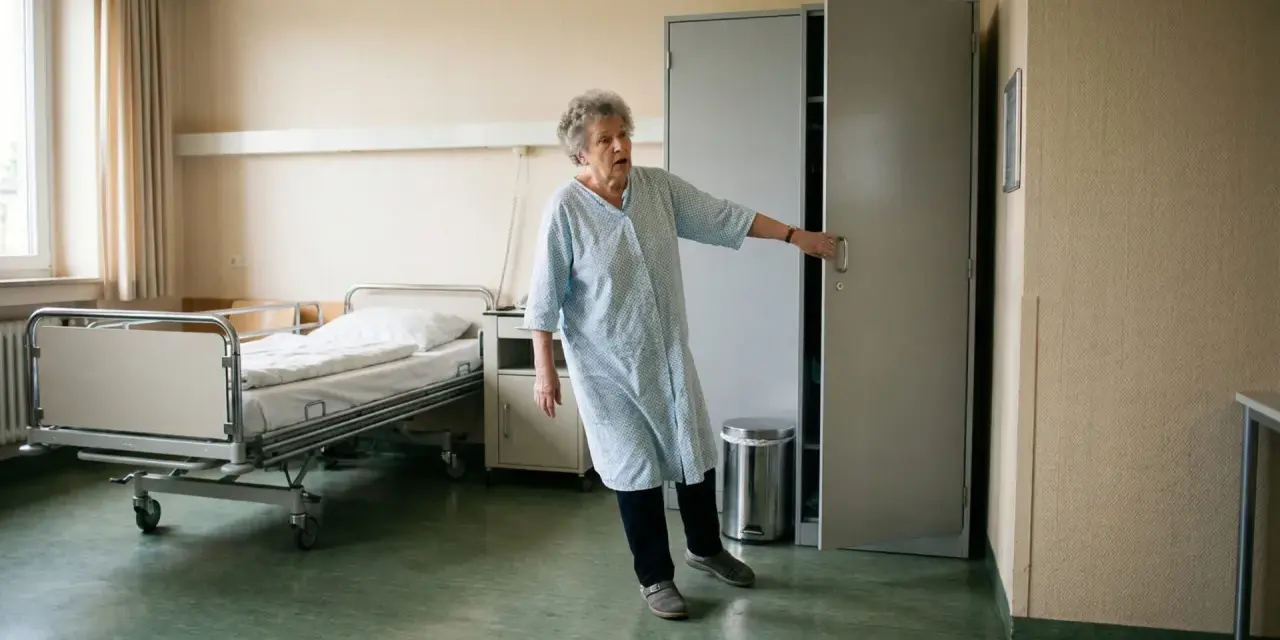 Ältere Frau im Krankenhaushemd, die sich an einer Tür festhält. Sie hatte einen Arbeitsunfall, ging aber nicht zum Arzt.