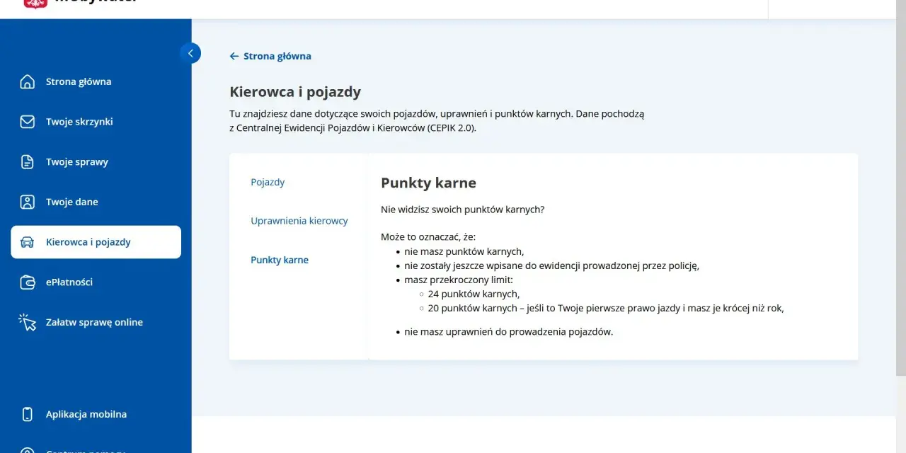 Sprawdź swoje punkty karne w aplikacji mObywatel. Dowiedz się, dlaczego możesz ich nie widzieć.