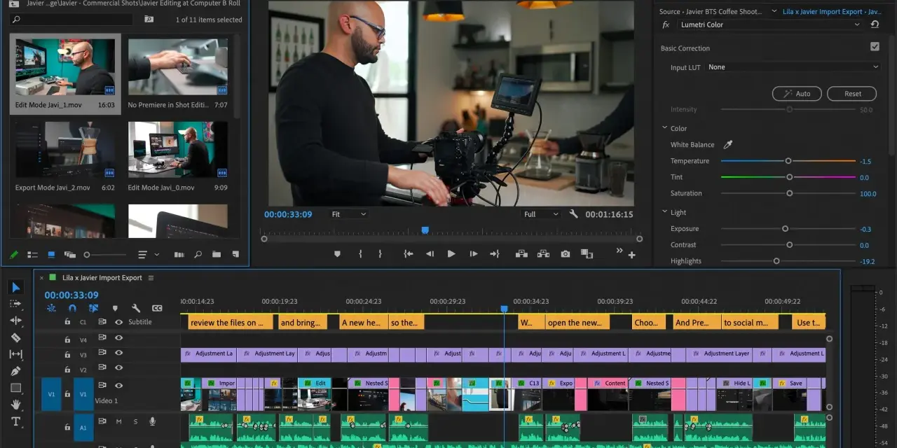 Edycja wideo w Adobe Premiere Pro: montażysta pracuje nad projektem, dodając klipy i efekty, w tym korekcję kolorów Lumetri Color.