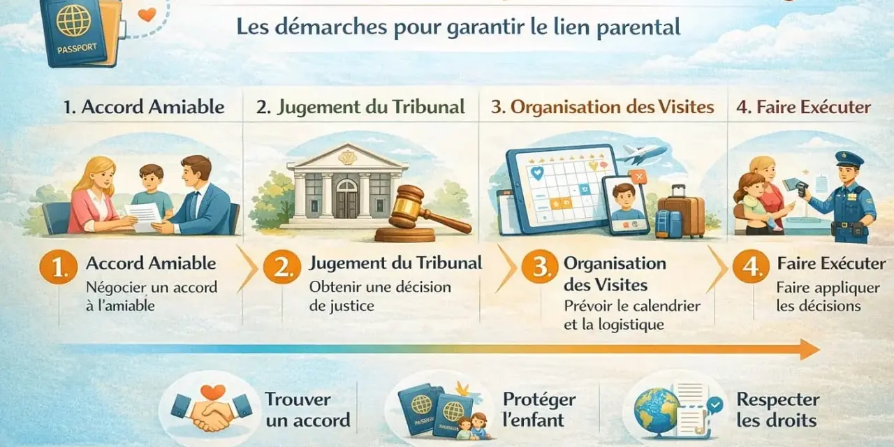 Schéma expliquant le droit de visite d'un parent à l'étranger : accord amiable, jugement, organisation et exécution. Le droit de visite obligatoire jusqu'à quel âge n'est pas précisé.