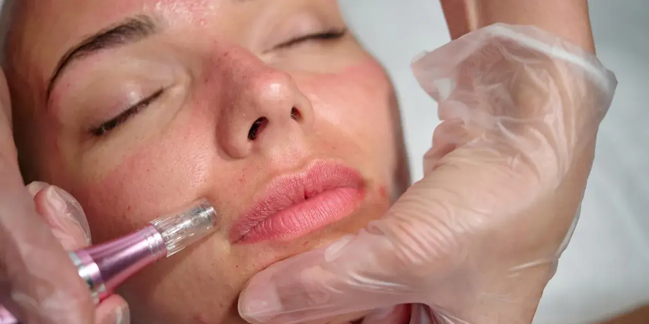 Zabieg microneedling co to? Skóra twarzy jest poddawana mikronakłuciom za pomocą urządzenia.