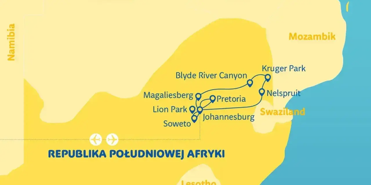 Mapa turystyczna Republiki Południowej Afryki z zaznaczonymi atrakcjami i trasą. Idealna na podróż, by poznać rpa pogoda i krajobrazy.