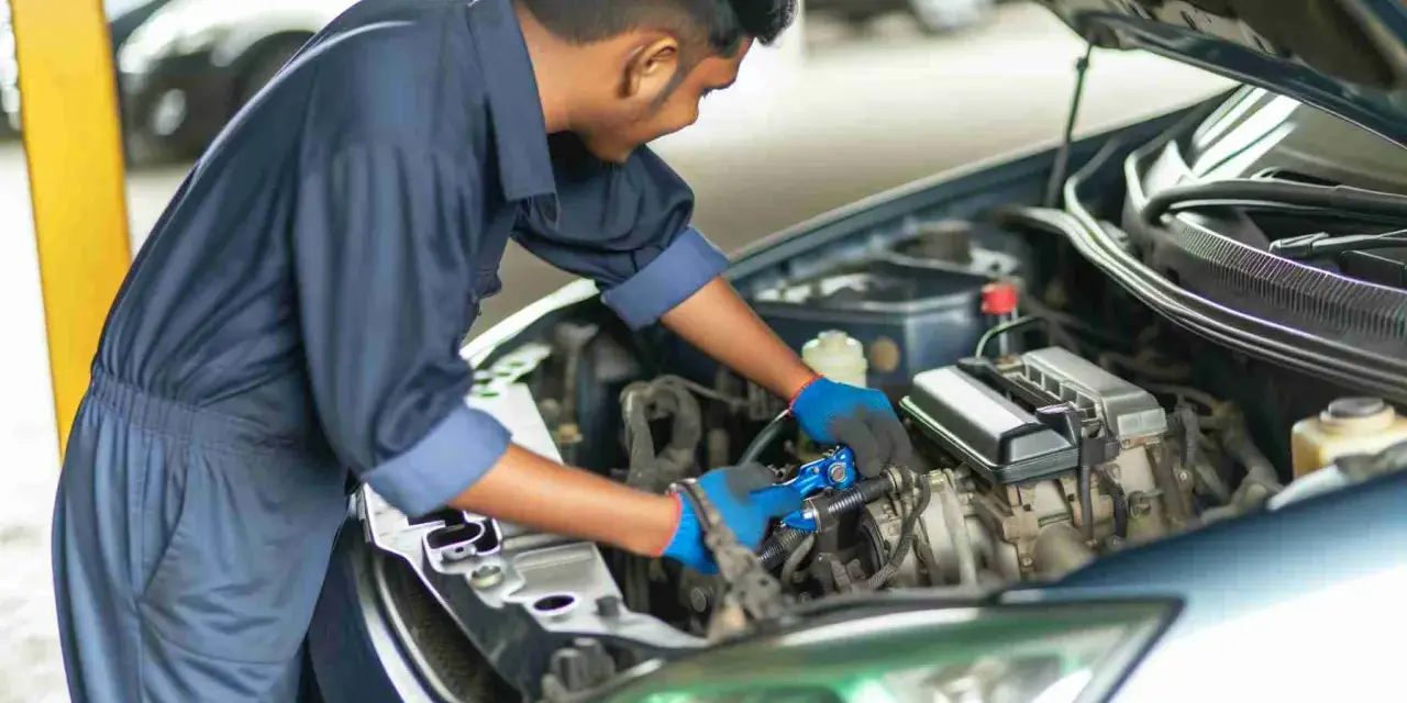 Mechaniker arbeitet am Motor. Er prüft die Kraftstoffpumpe, um die Kraftstoffpumpe Kosten zu ermitteln.