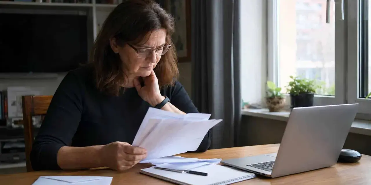 Kobieta analizuje dokumenty, być może dotyczące sprzedanego długu przedawnionego. Na stole laptop i koperta.