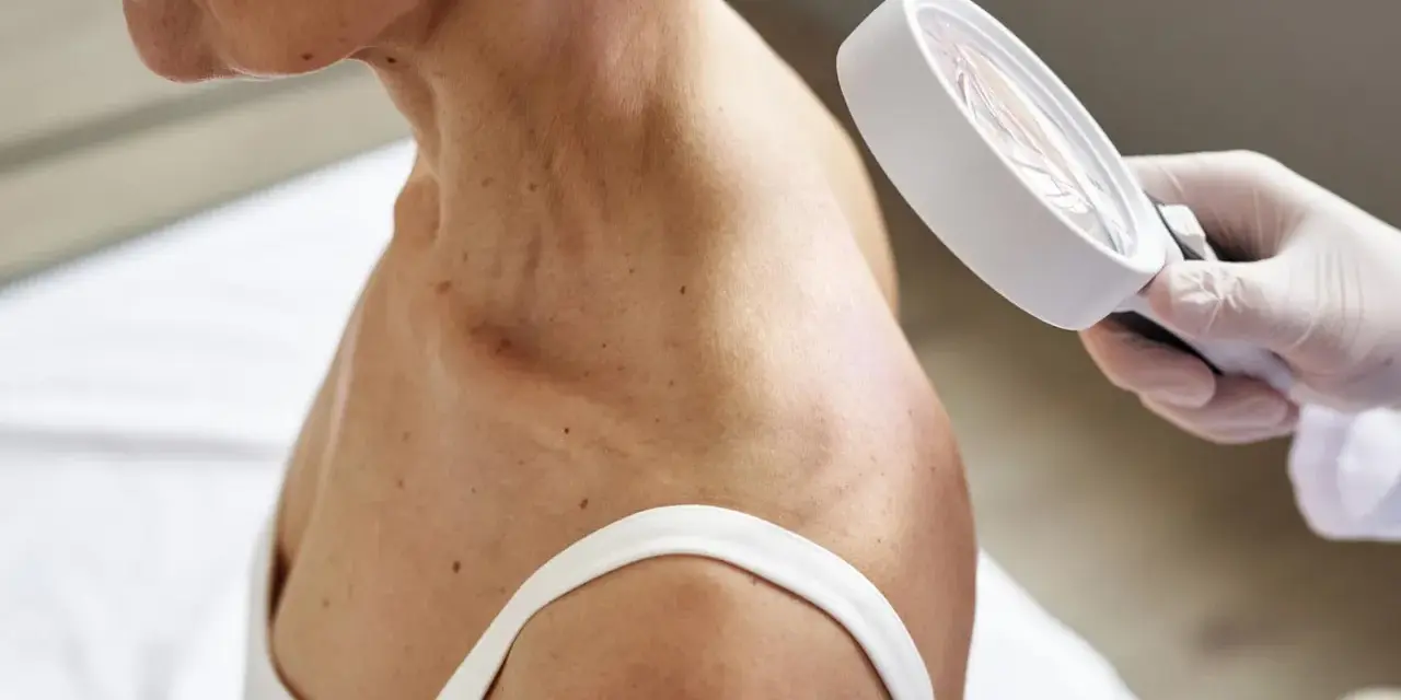 Dermatolog ogląda skórę szyi i ramion pacjentki przez lupę.