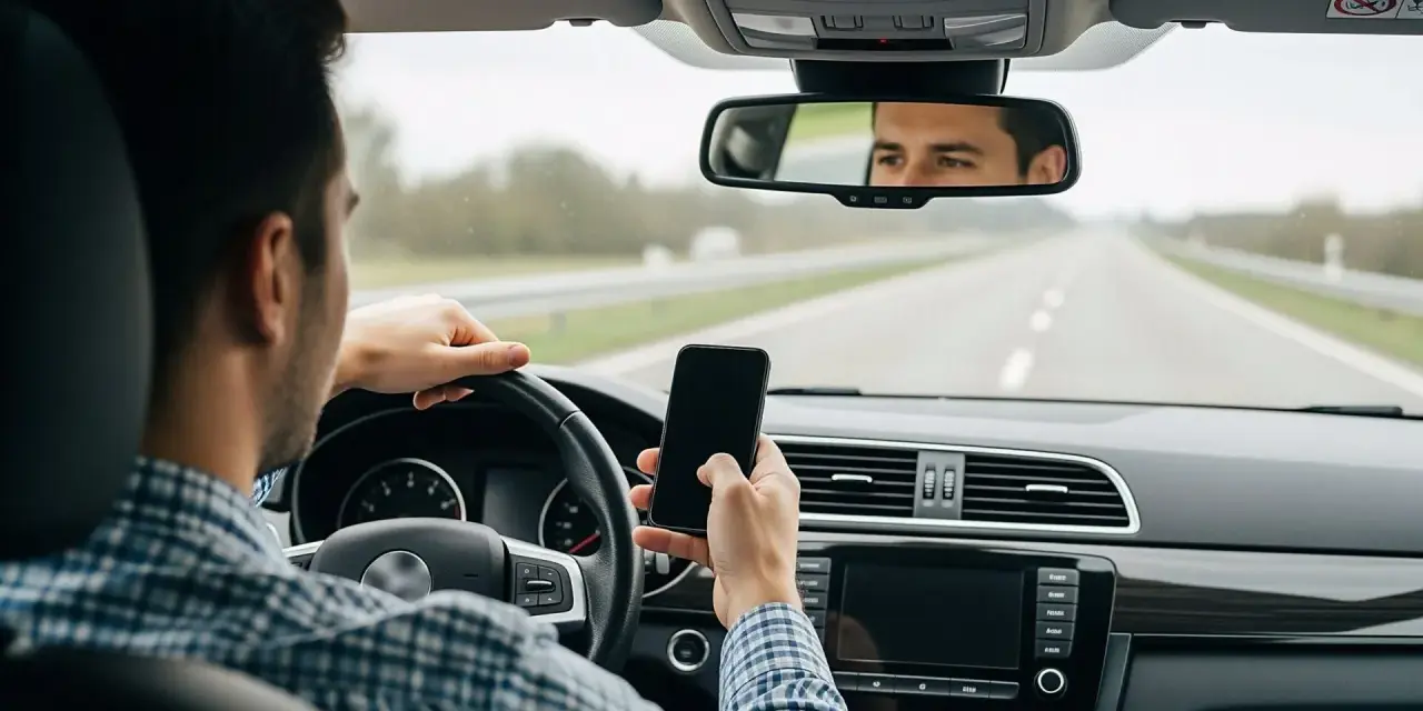 Mann am Steuer während der Probezeit, der auf sein Handy schaut. Eine gefährliche Ablenkung, die vermieden werden sollte.