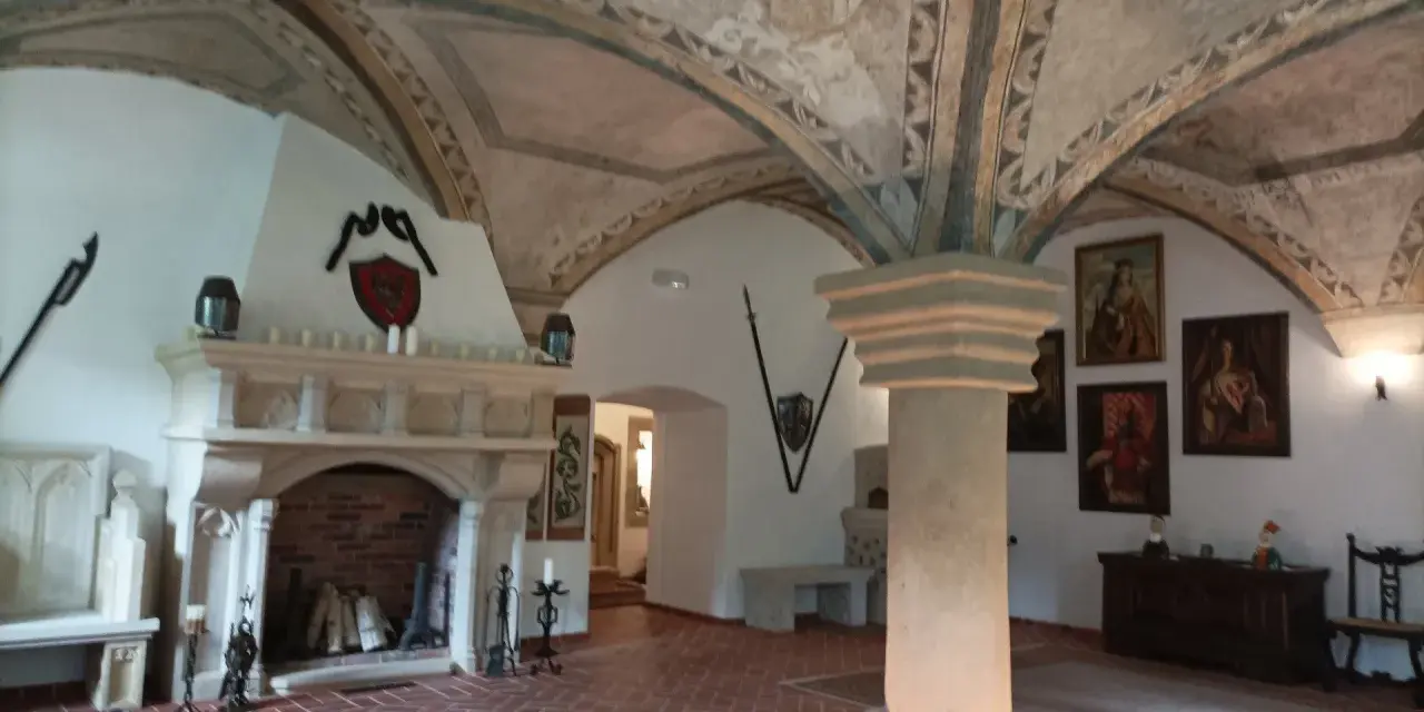 Wnętrze pałacu w Ciechanowicach z kamiennym kominkiem, malowanym sklepieniem i portretami na ścianach.
