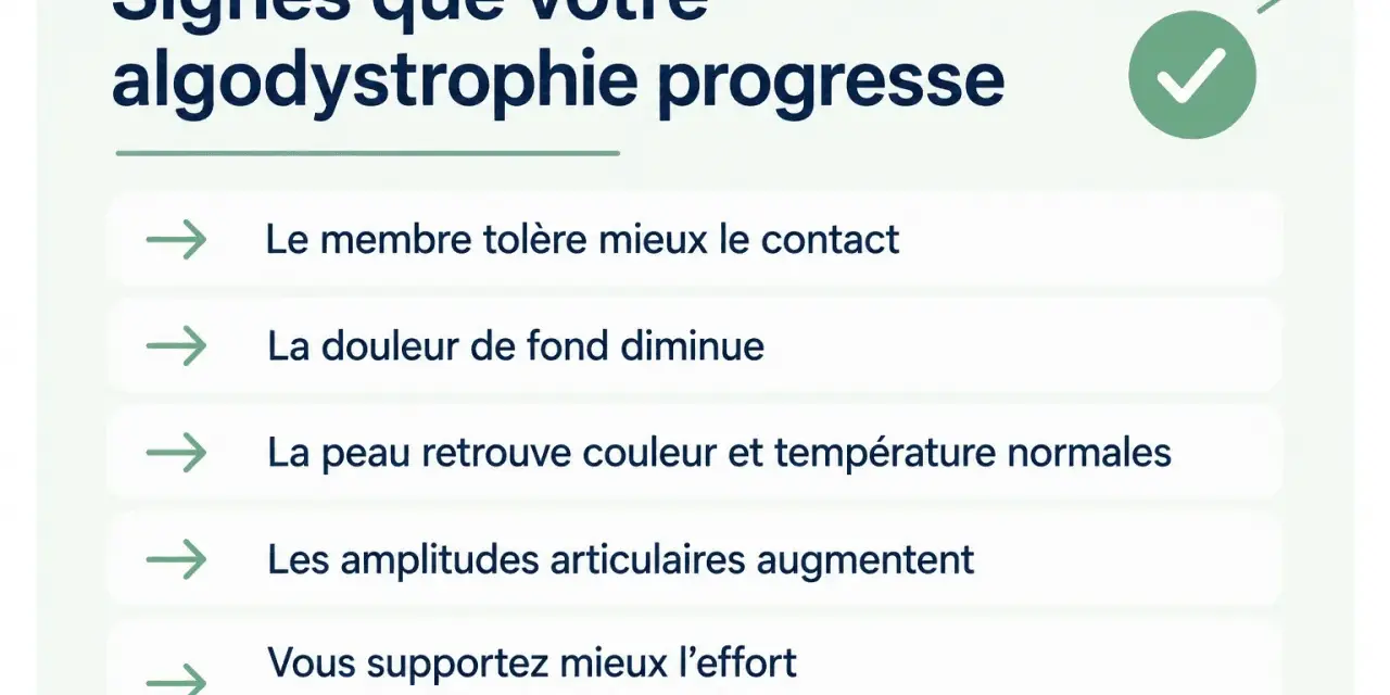 Signes d'amélioration de l'algodystrophie : membre tolérant mieux le contact, douleur diminuée, peau normale, amplitudes articulaires accrues, meilleure tolérance à l'effort.