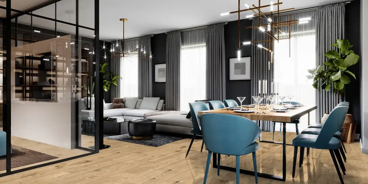 Nowoczesny salon z jadalnią, gdzie drewniana podłoga kronostep tworzy ciepłą bazę dla błękitnych krzeseł i eleganckiej jadalni.