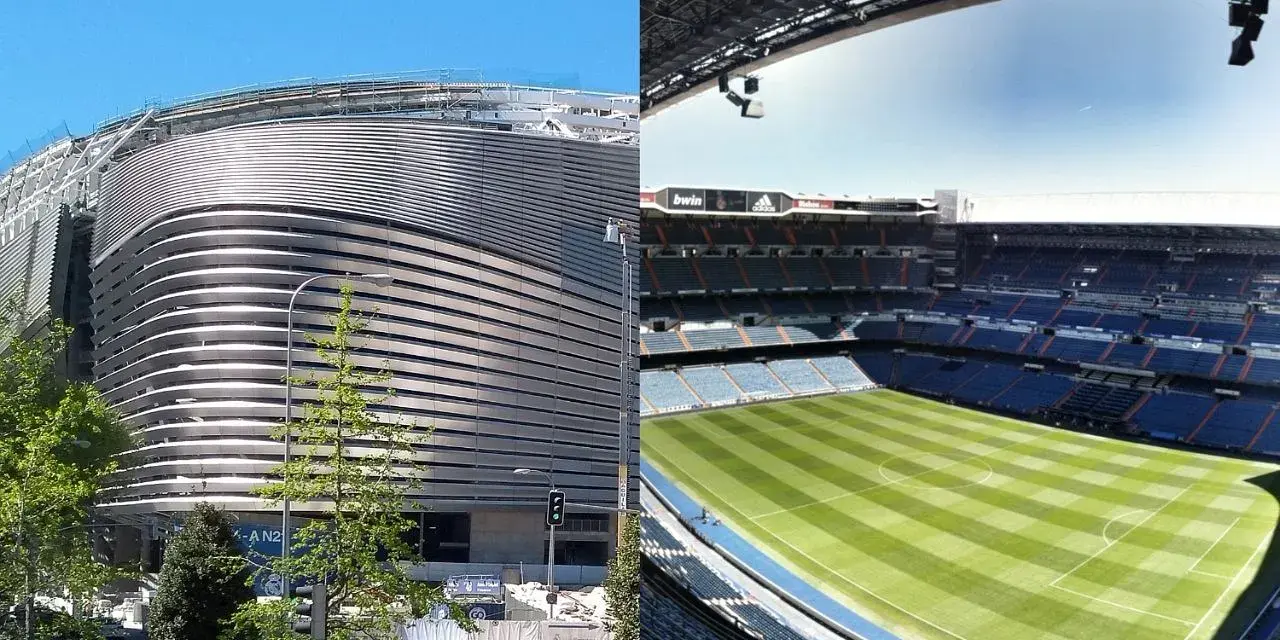 Nowy stadion Realu Madryt w budowie i gotowy do gry. Futurystyczna fasada i zielona murawa Santiago Bernabéu.