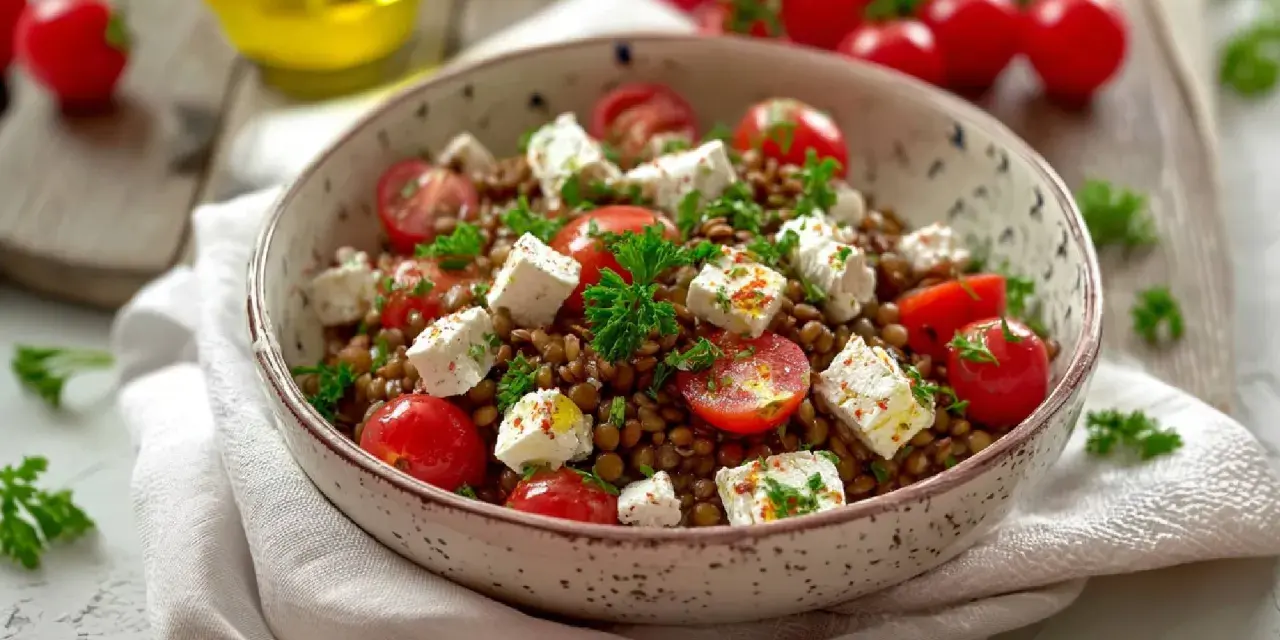 Ein köstlicher Linsensalat mit Feta, Kirschtomaten und frischer Petersilie, garniert mit Gewürzen.