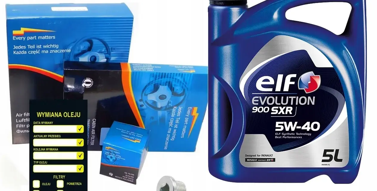 Olej Elf Evolution 900 SXR 5W-40 5L, idealny do silnika MWM Renault. Zestaw zawiera filtry i akcesoria.