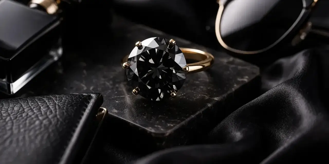 Elegancki pierścionek z czarnym kamieniem szlachetnym, obok flakonika perfum i okularów. Czarne kamienie szlachetne nazwy: diament, spinel, turmalin.