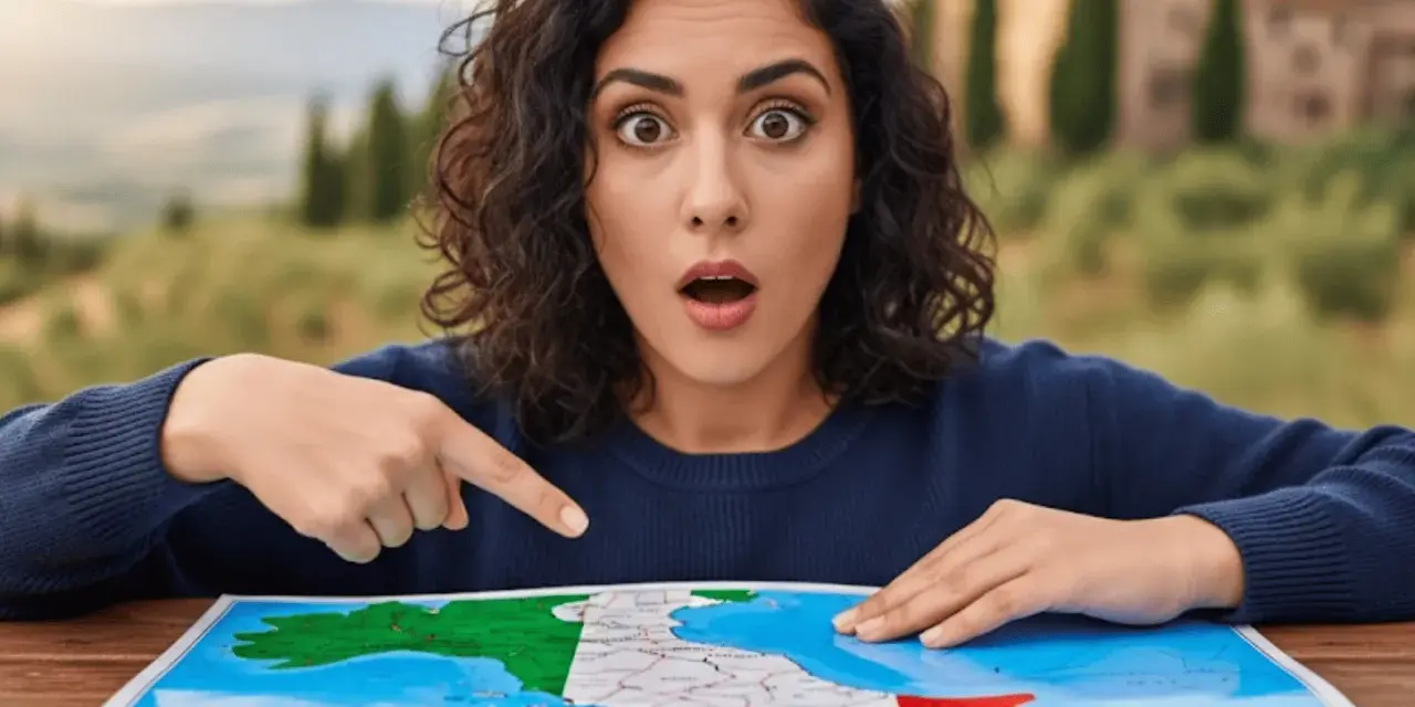 Mujer sorprendida señalando un mapa de Italia con la bandera italiana.