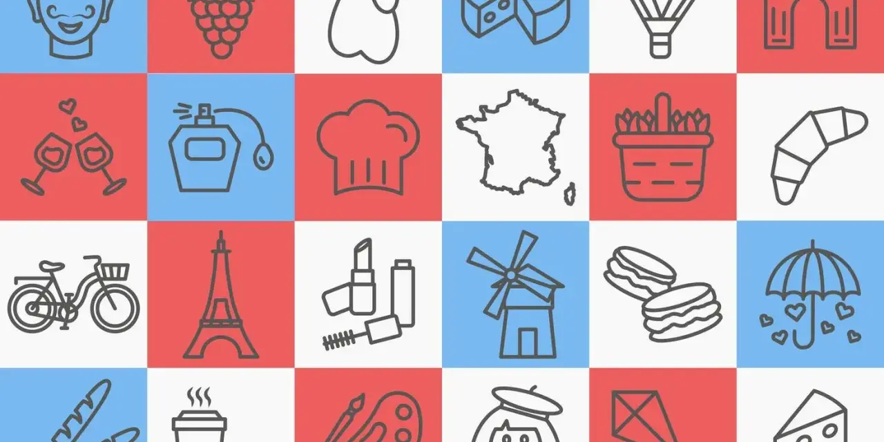 Iconos que representan el logo de Francia: Torre Eiffel, baguette, queso, macaron, gorro de chef, mapa de Francia, y más.
